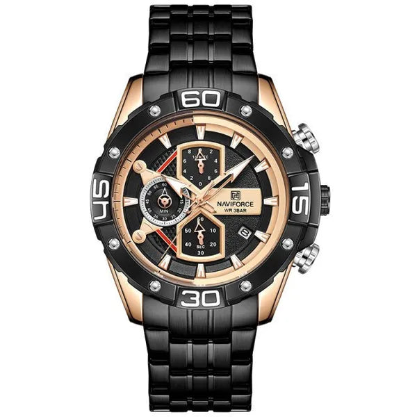Naviforce NF8018 férfi kronográf karóra, rozéarany-fekete, acél szíj