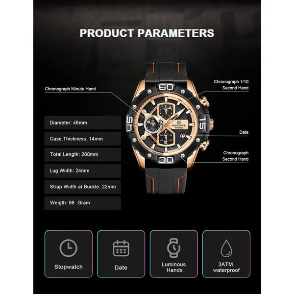 Naviforce férfi kronográf karóra NF8018T, 46 mm, fekete-narancs, kaucsuk