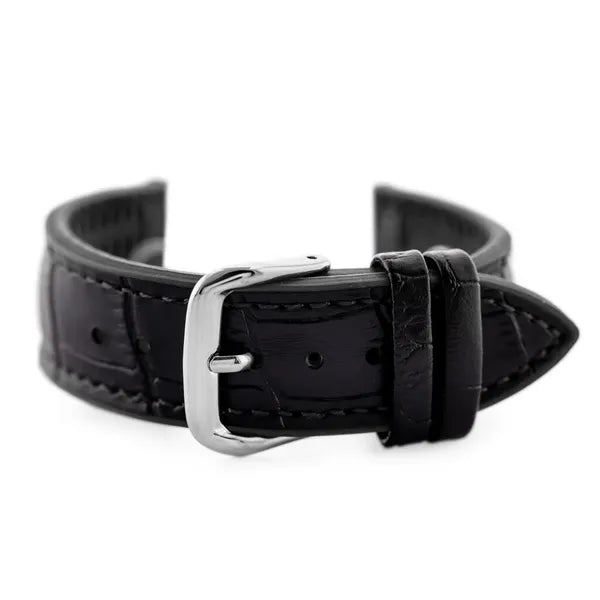 Fekete, bőrfelsőrésszel varrott 22 mm-es U18 szilikon óraszíj