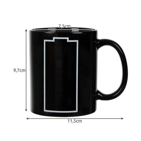 Hőre változó bögre, akkumulátor mintával, 330 ml, fekete kerámia