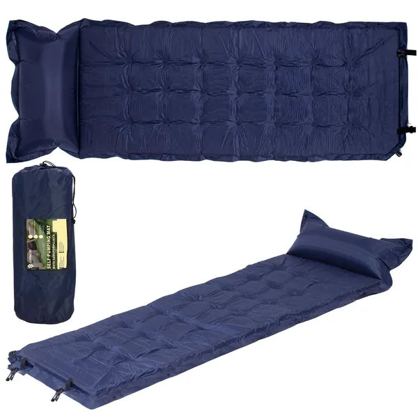 Önfelfújó, sötétkék kemping matrac 200×67×3,5 cm, párnával, 110 kg