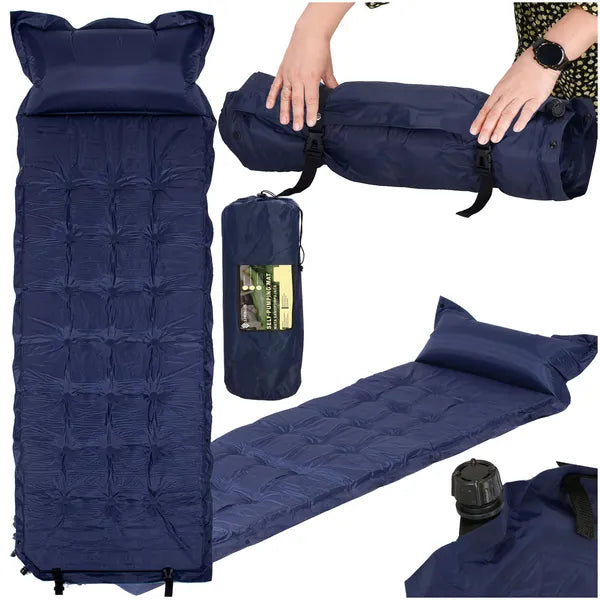 Önfelfújó, sötétkék kemping matrac 200×67×3,5 cm, párnával, 110 kg