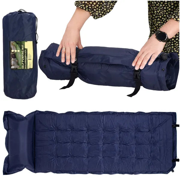 Önfelfújó, sötétkék kemping matrac 200×67×3,5 cm, párnával, 110 kg