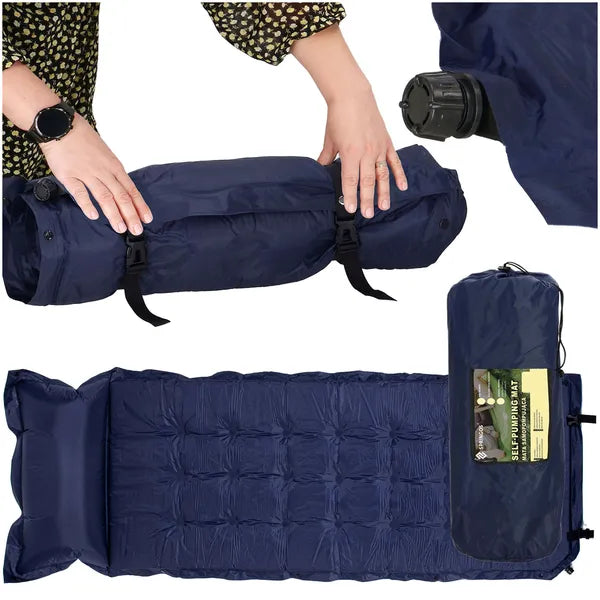 Önfelfújó, sötétkék kemping matrac 200×67×3,5 cm, párnával, 110 kg