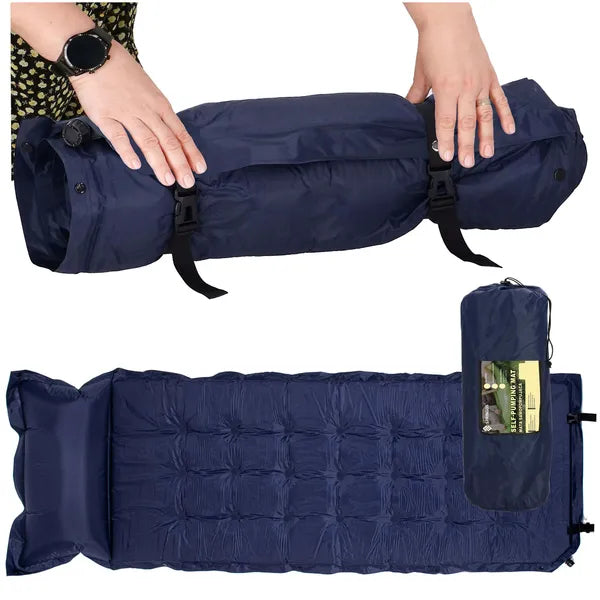 Önfelfújó, sötétkék kemping matrac 200×67×3,5 cm, párnával, 110 kg