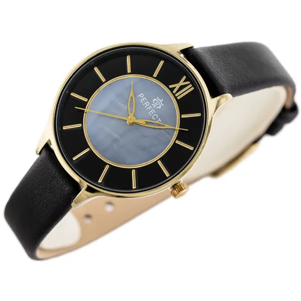 Női quartz karóra 36 mm arany tok, gyöngyház számlap, fekete bőrszíj, díszdoboz