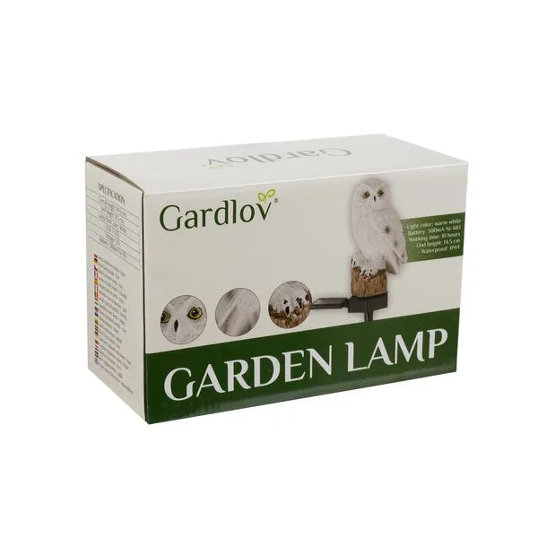 Napelemes bagoly kerti lámpa, IP44, meleg fehér LED, 44 cm
