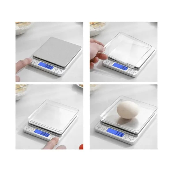 Precíziós digitális konyhai mérleg 0,1 g pontosság, 2 kg, LCD, 2 tál