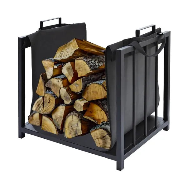 Kaminer 24628 fekete tűzifaállvány 50×37×50 cm, porfestett acél hordtáskával