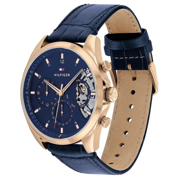 Tommy Hilfiger Baker férfi karóra 44 mm, rózsaarany tok, kék bőrszíj