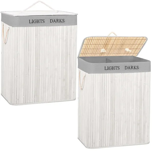 Bambusz szennyeskosár, 105 l, kétrekeszes, 63×52×33 cm, fehér/szürke