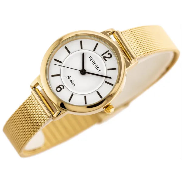 Női kvarc karóra aranyszínű fémszíjjal, fehér számlap, WR30, 30 mm