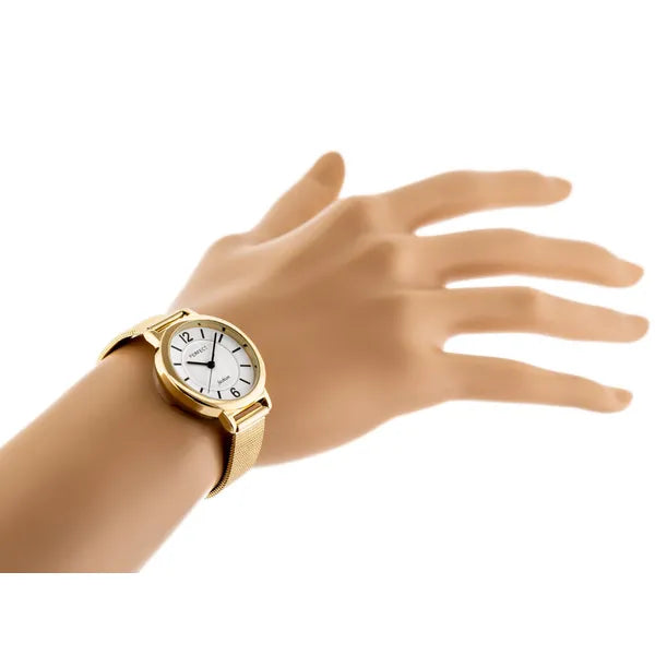 Női kvarc karóra aranyszínű fémszíjjal, fehér számlap, WR30, 30 mm