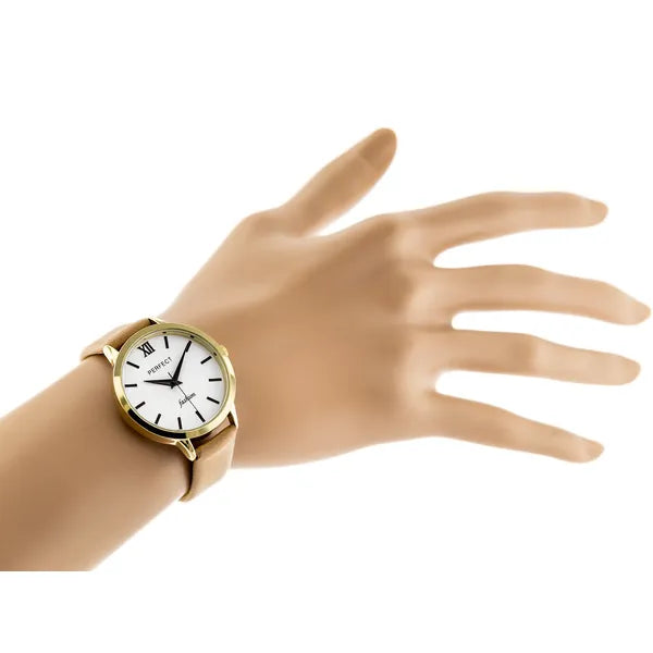 Női karóra, kvartz, arany tok, barna bőrszíj, ezüst számlap, 34 mm