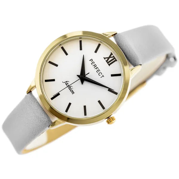 Perfect női karóra, arany tok 34 mm, szürke bőrszíj, kvarc