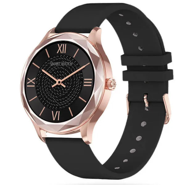 Uniszex okosóra 1,09" TFT HD, vérnyomásmérő, IP67, rosegold tok, fekete szíj