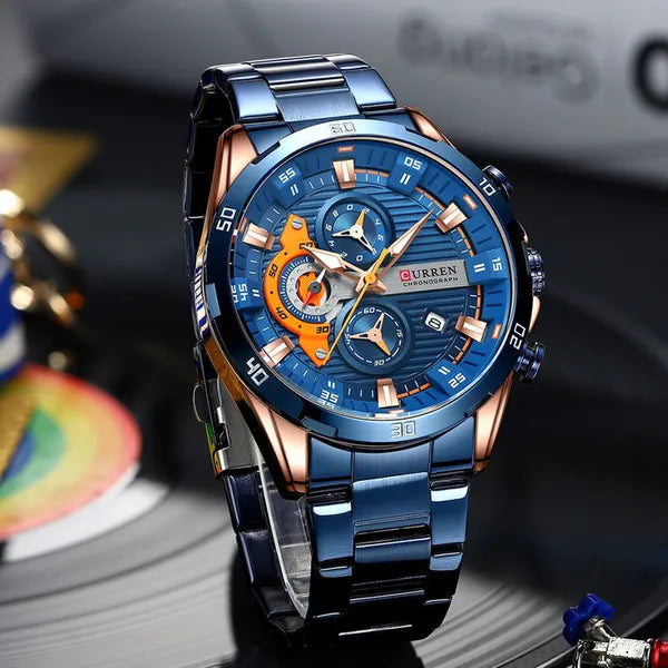 Curren 8402 férfi karóra, kronográf, kék/rosegold, WR30, díszdoboz