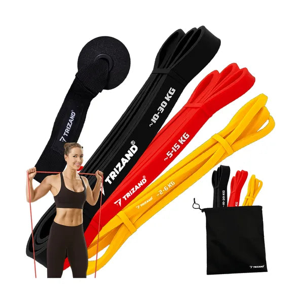 Fitness ellenállási szalag szett 3 db, 2–30 kg, ajtóhorgonnyal, edzéstervvel