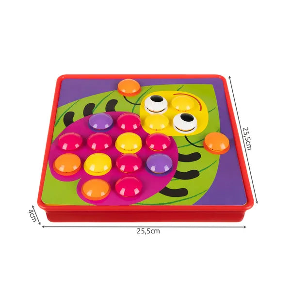 Gyerek gombmozaik puzzle, 12 kép, 45 színes gomb, Montessori készségfejlesztő