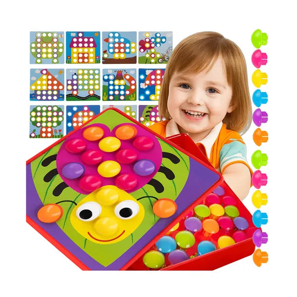 Gyerek gombmozaik puzzle, 12 kép, 45 színes gomb, Montessori készségfejlesztő