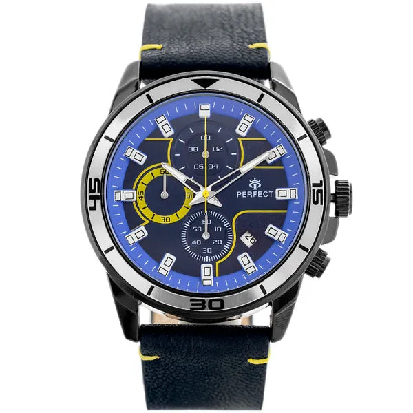 Férfi kronográf karóra – japán kvarc, kék számlap, bőr szíj, 46 mm