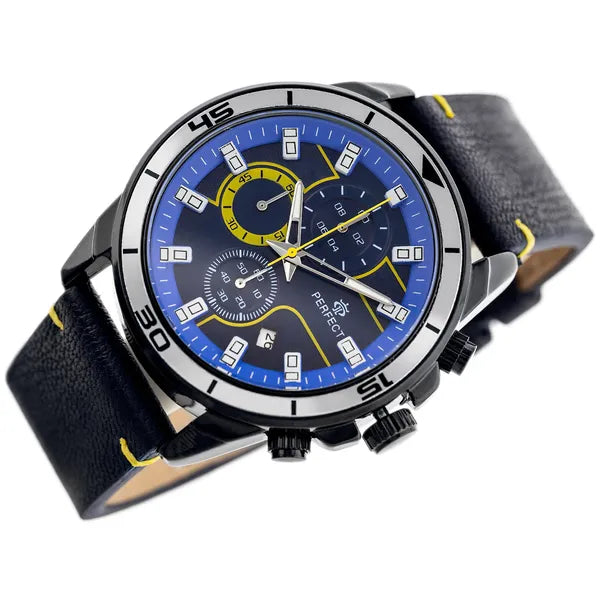 Férfi kronográf karóra – japán kvarc, kék számlap, bőr szíj, 46 mm
