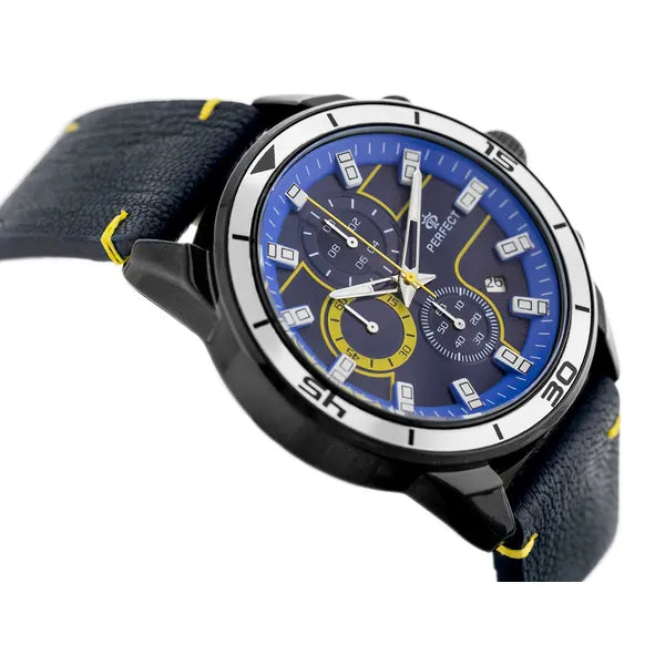 Férfi kronográf karóra – japán kvarc, kék számlap, bőr szíj, 46 mm