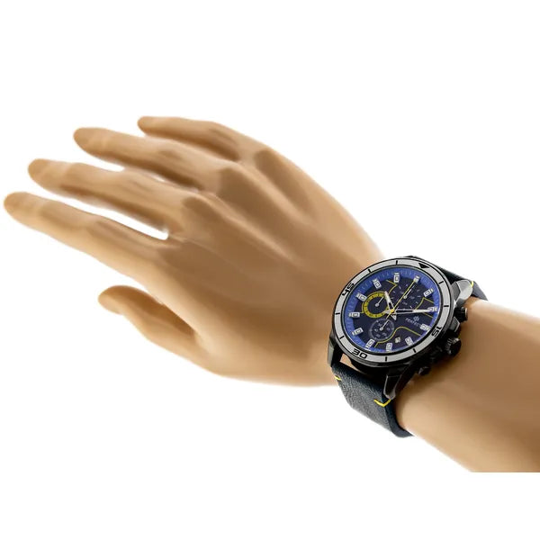 Férfi kronográf karóra – japán kvarc, kék számlap, bőr szíj, 46 mm