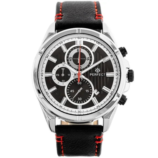 Férfi kronográf karóra, Miyota quartz, fekete bőrszíj, ezüst tok, 44 mm