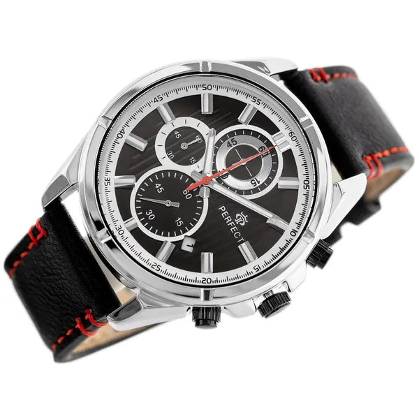 Férfi kronográf karóra, Miyota quartz, fekete bőrszíj, ezüst tok, 44 mm