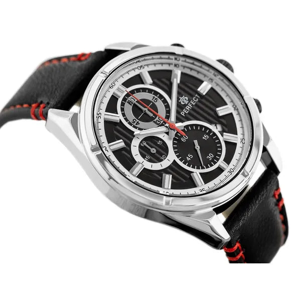 Férfi kronográf karóra, Miyota quartz, fekete bőrszíj, ezüst tok, 44 mm