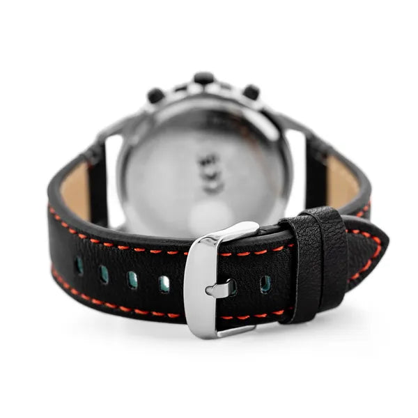 Férfi kronográf karóra, Miyota quartz, fekete bőrszíj, ezüst tok, 44 mm