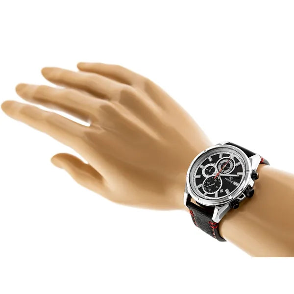 Férfi kronográf karóra, Miyota quartz, fekete bőrszíj, ezüst tok, 44 mm