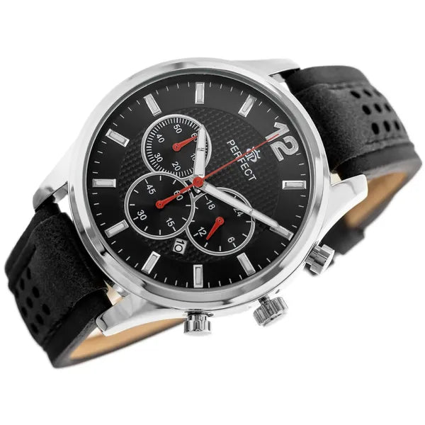 Perfect férfi kronográf karóra, 44 mm tok, Miyota quartz, fekete bőr