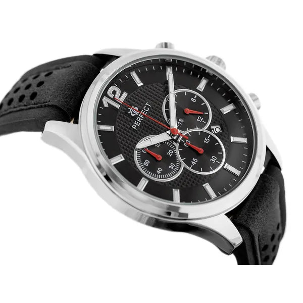 Perfect férfi kronográf karóra, 44 mm tok, Miyota quartz, fekete bőr