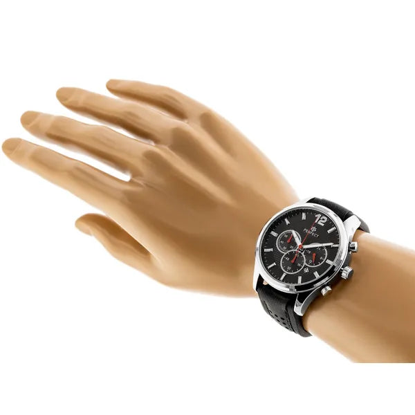 Perfect férfi kronográf karóra, 44 mm tok, Miyota quartz, fekete bőr