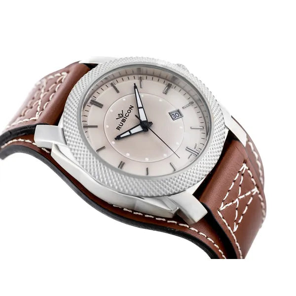 Uniszex Rubicon karóra ezüst számlappal, barna bőrszíjjal, dátum, 45 mm