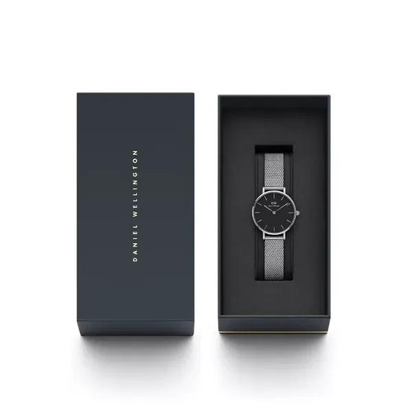 Daniel Wellington Petite Sterling női karóra, 28 mm, fekete számlap, ezüst