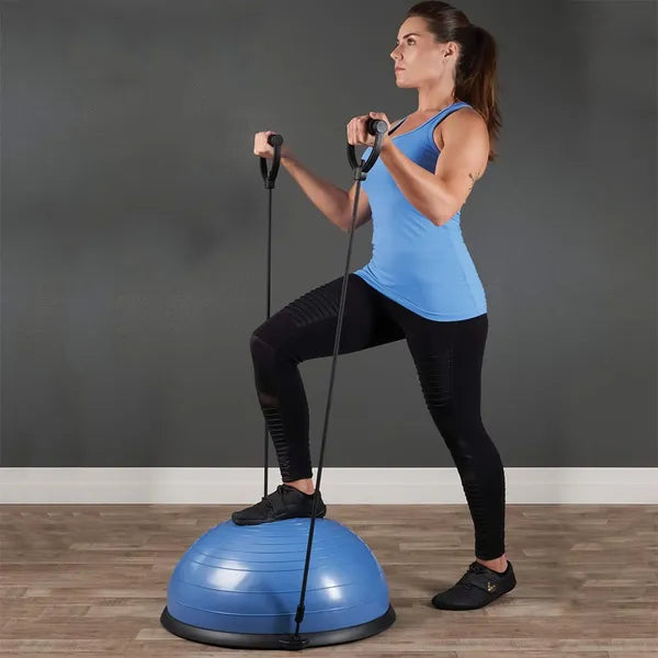 BOSU egyensúlyozó labda 57 cm kék, gumiszalagokkal, 200 kg teherbírás
