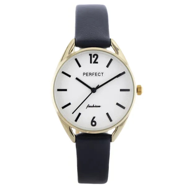 Perfect E347 női karóra, arany tok 34mm, ezüst számlap, fekete bőr szíj