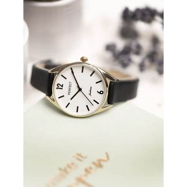 Perfect E347 női karóra, arany tok 34mm, ezüst számlap, fekete bőr szíj