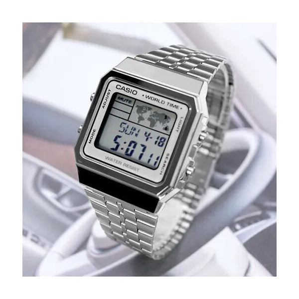 Casio Vintage A500WA-1 férfi digitális karóra, ezüst acél, WR30, LED