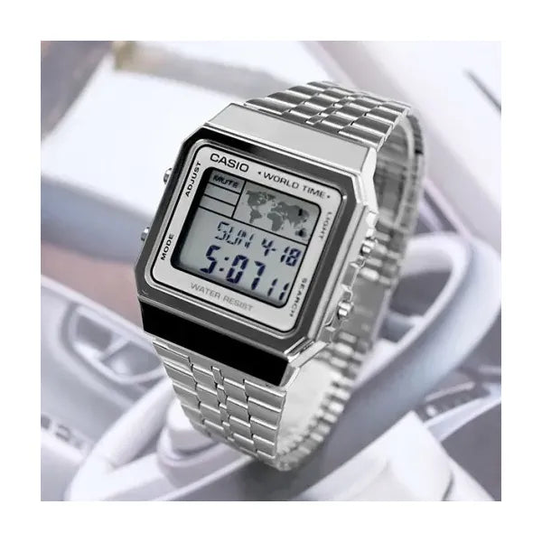 Casio Vintage A500WA-7 férfi digitális karóra, acél szíj, 33 mm, WR30