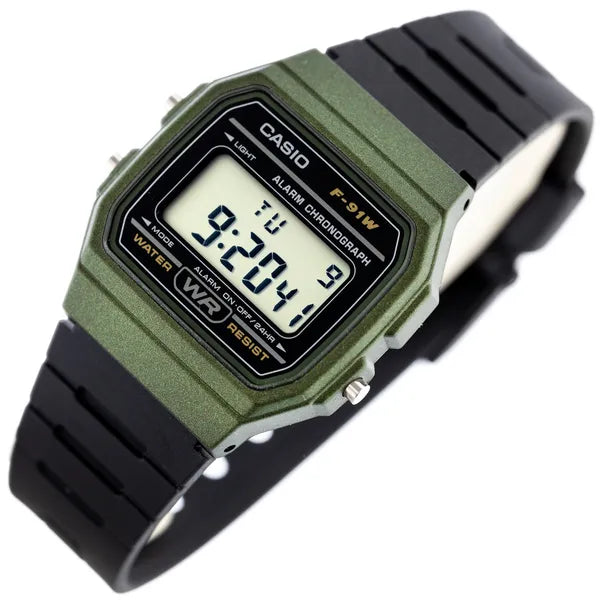 Casio F-91WM-3AER férfi digitális karóra, zöld tok, fekete szíj, 100 m