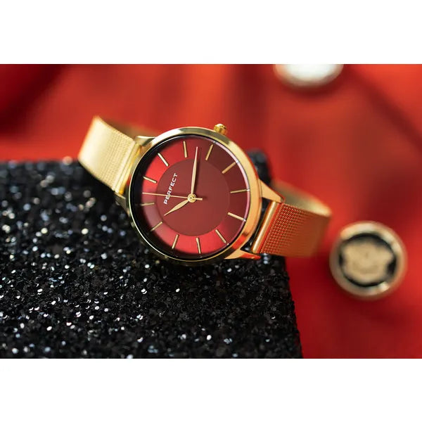 Perfect F359-06 női karóra arany szíjjal, piros számlappal, 34 mm