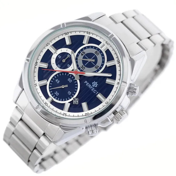 Férfi kronográf kvarc karóra, ezüst acél szíj, kék számlap, 44 mm