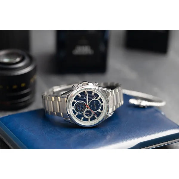 Férfi kronográf kvarc karóra, ezüst acél szíj, kék számlap, 44 mm