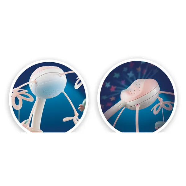 Távirányítós, csillagvetítős zenélő babaágy-forgó 4 állatfigurával