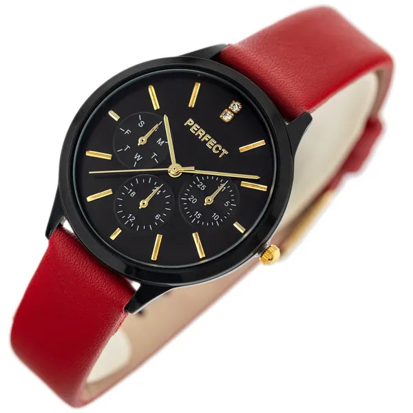 Női karóra, Perfect E372-07, fekete számlap, piros bőrszíj, 36 mm