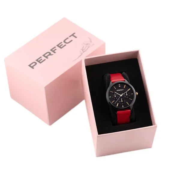 Női karóra, Perfect E372-07, fekete számlap, piros bőrszíj, 36 mm
